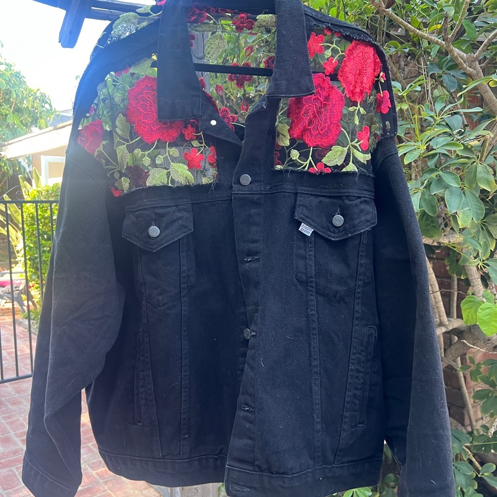 Black Denim Jacket with Floral Lace Cutouts